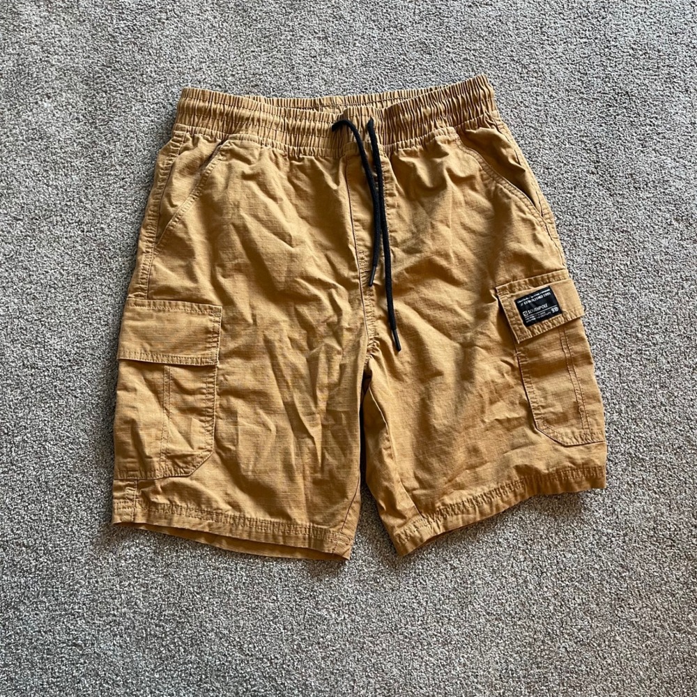 Y2K BAGGY Southpole Cargo Shorts Mens Small Tan Ripstop Elastic Waist Drawstring